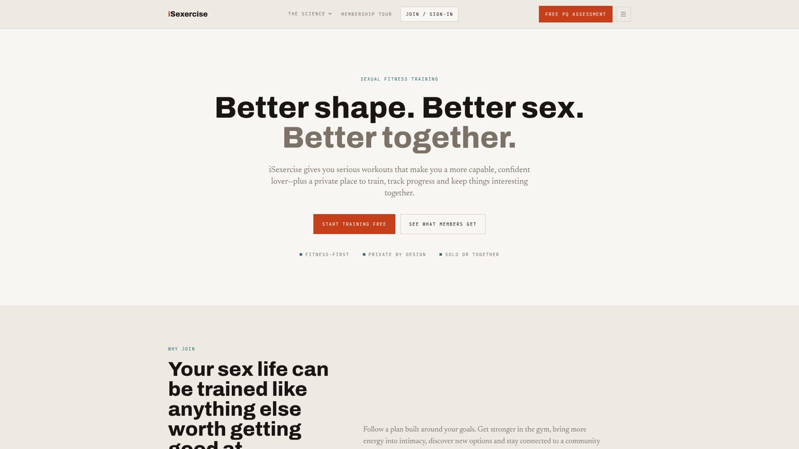 iSexercise homepage with the headline 'Better shape. Better sex. Better together.'