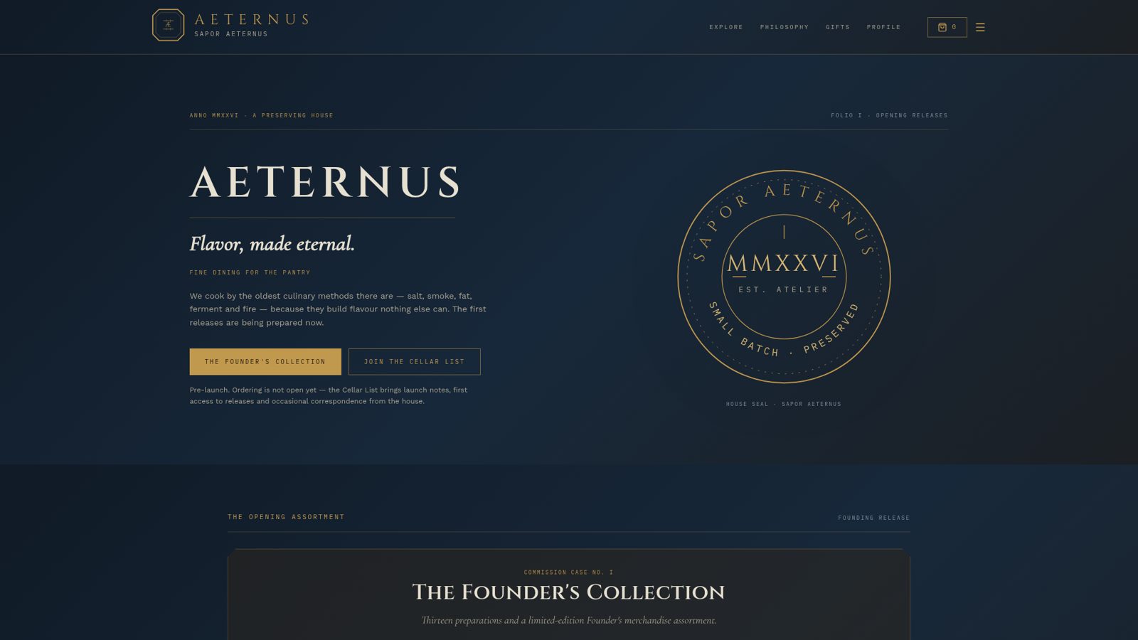 Aeternus Flavor homepage with the line 'Flavor, made eternal' and a founder's collection call to action