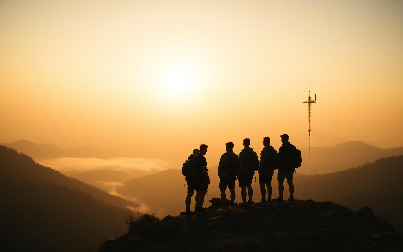 A Survival Squads team gathered on a ridge at sunset