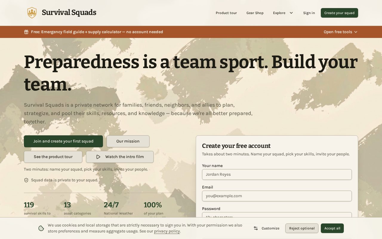 Survival Squads homepage showing the headline 'Preparedness is a team sport' and a create-account panel